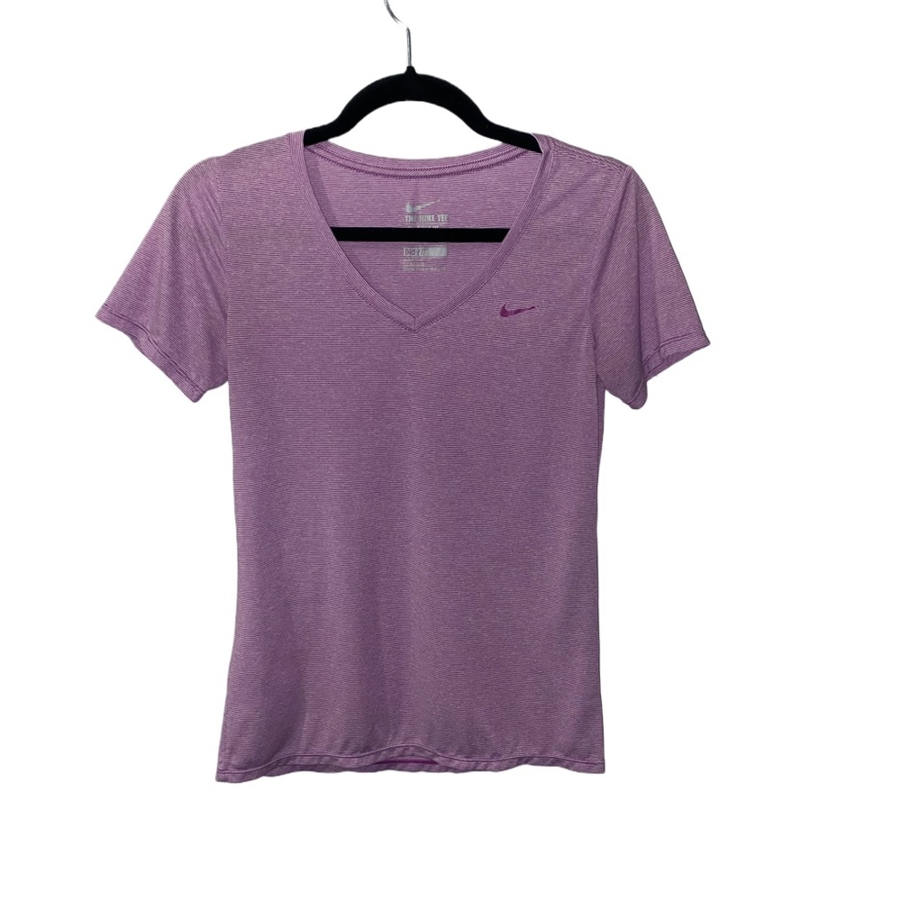 Nike Dri Fit Purple Stripe Space Dye V Neck T Short Sleeve Top Small S Women